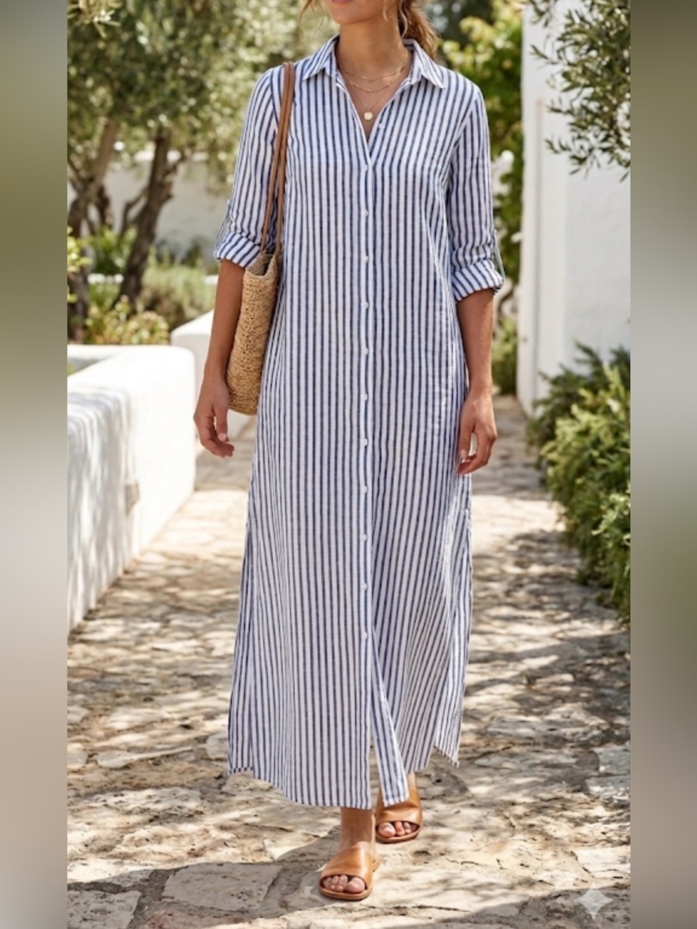 Charlie B Linen Shirt Dress Navy White striped women’s Sz Small Petite coastal